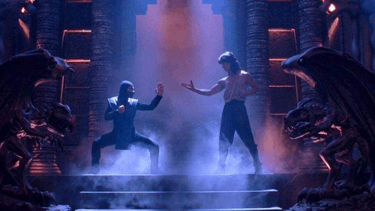 A still from the first Mortal Kombat film, featuring Sub-Zero and Liu Kang