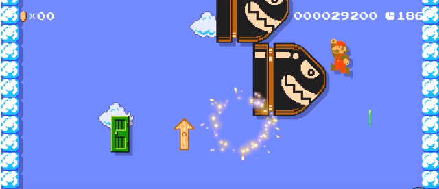 A still of Super Mario Maker 2's level Banzai Bounce and its frenetic fun, courtesy of ShackNews.