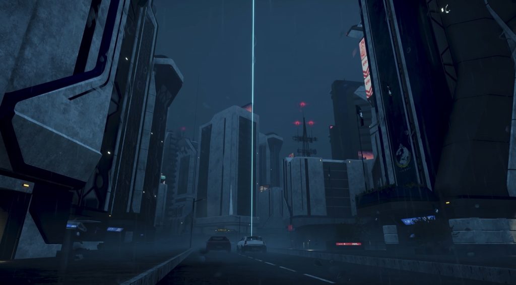 The shot at the end of the Helldivers 2 trailer that shows a city at night, with a singular drop pod laser being called in the centre of the frame.